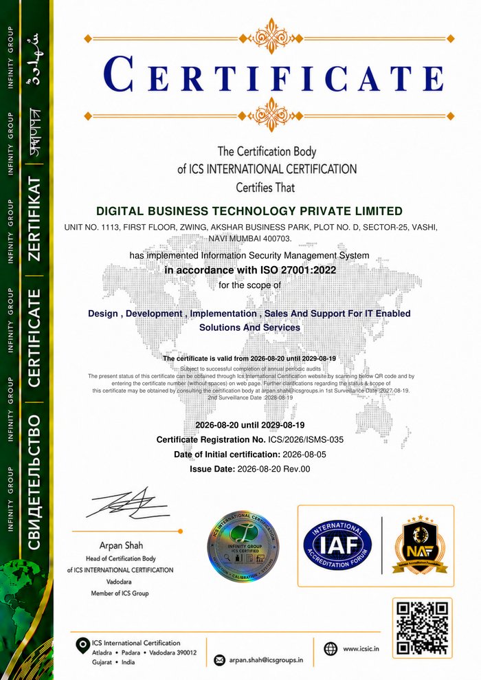 ISO/IEC 27001:2022 Information Security Management System certificate issued to Digital Business Technology Private Limited