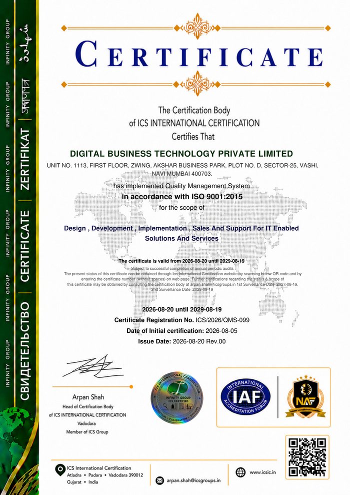 ISO 9001:2015 Quality Management System certificate issued to Digital Business Technology Private Limited